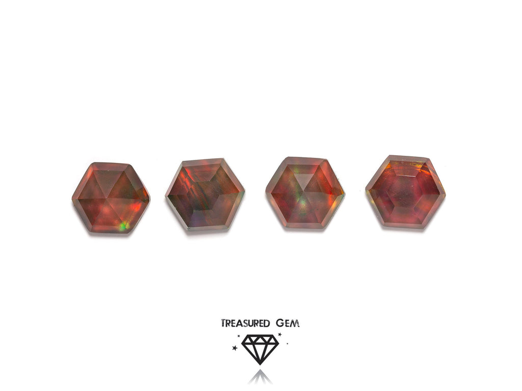 Loose Synthetic Aurora Opal Cabochon Doublets Burnt Umber Rainbow Colours and Hexagon Shapes