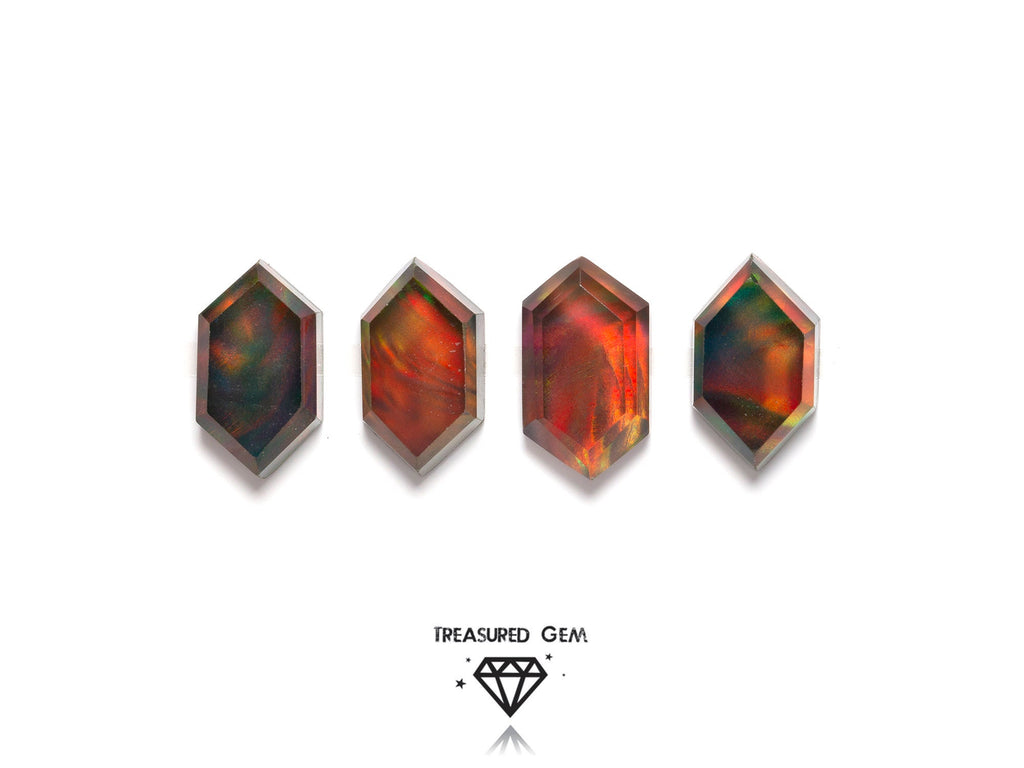 Loose Synthetic Aurora Opal Cabochon Doublets Burned Orange Rainbow Colours and Hexagon Shapes