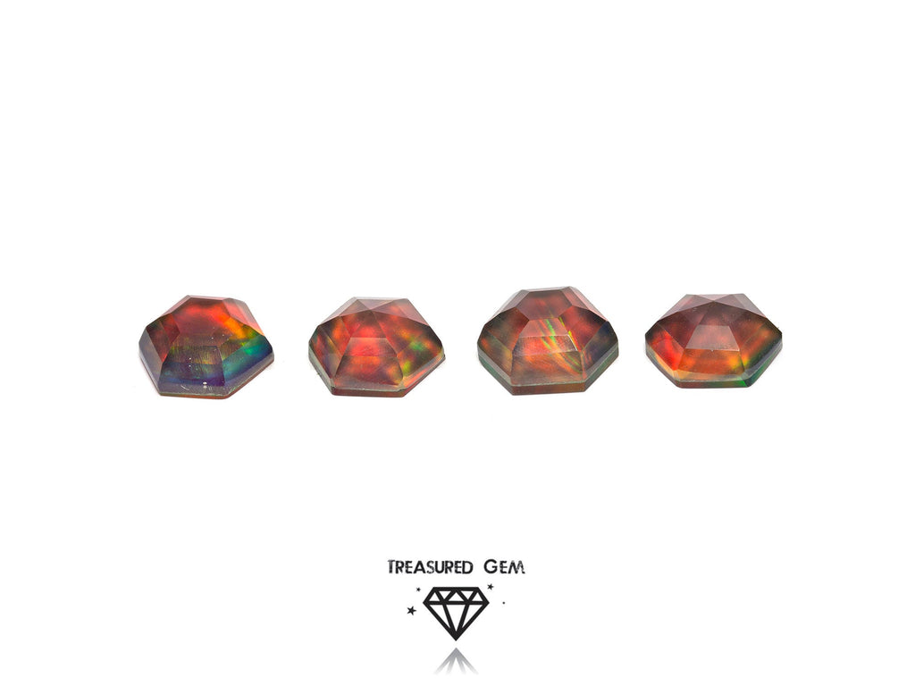 Loose Synthetic Aurora Opal Cabochon Doublets Burnt Umber Rainbow Colours and Hexagon Shapes